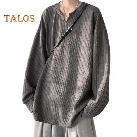 Spring Autumn Men Top V Neck Long Sleeves Oversized Solid Color Loose Mid Length Striped Texture Pullover Hip Hop Streetwear Sweatshirt