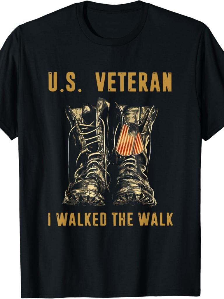 Men'S US I Walked The Walk T-Shirt - Black with Golden Combat Boots & Dog Tag Design, U.S. Army Insi