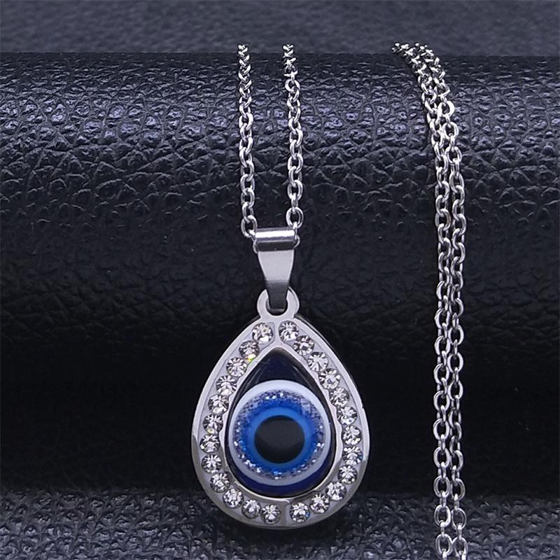 Turkish Evil Eye Necklace Stainless Steel Silver Color Blue Lucky Eyes Water Drop Necklaces Jewelry Collier Femme N8366S01
