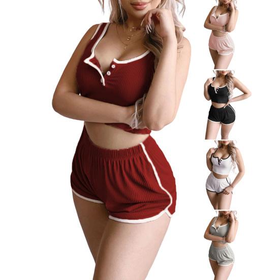 Women's Ribbed Knit 2 Piece Pajamas Set Sleeveless Crop Top And Shorts Pjs Set Summer Casual Sleepwear