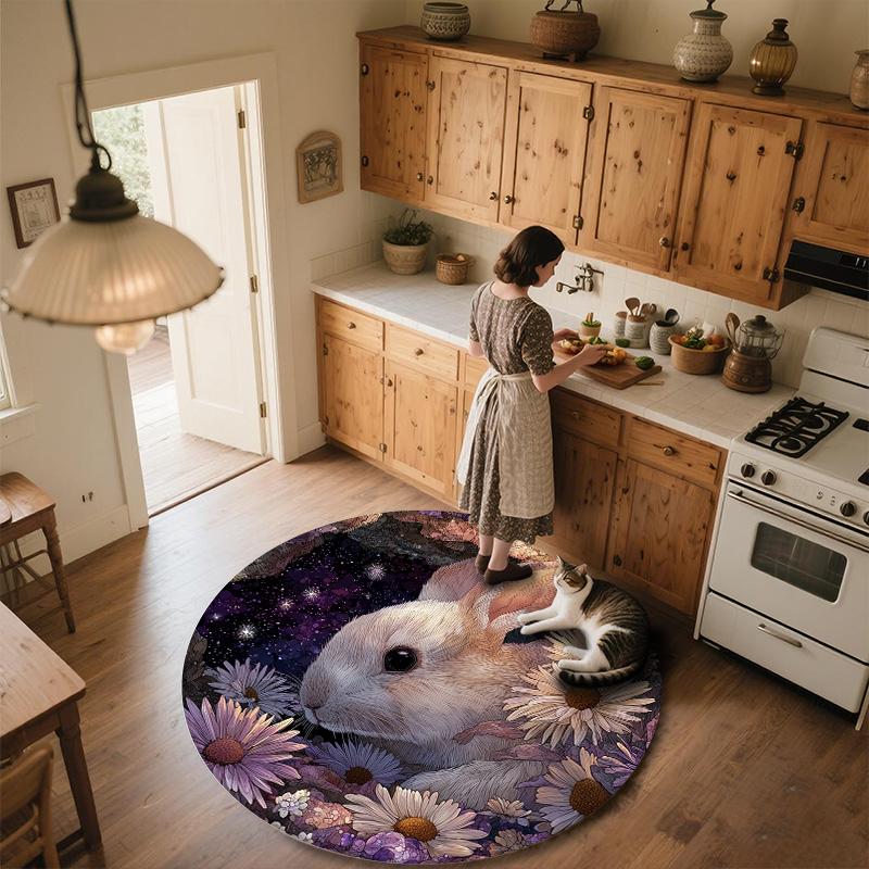 Rabbits in Flower Bush,Round Area Rug,Carpet Rug for Living Room Bedroom Sofa Playroom Decor,Non-slip Floor Mat