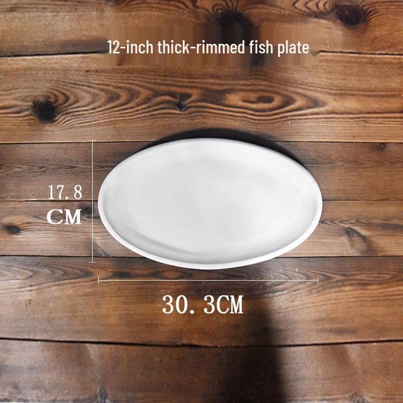 Simple White Ceramic Thick-Edged Oval Fish Plate for Home or Restaurant Use