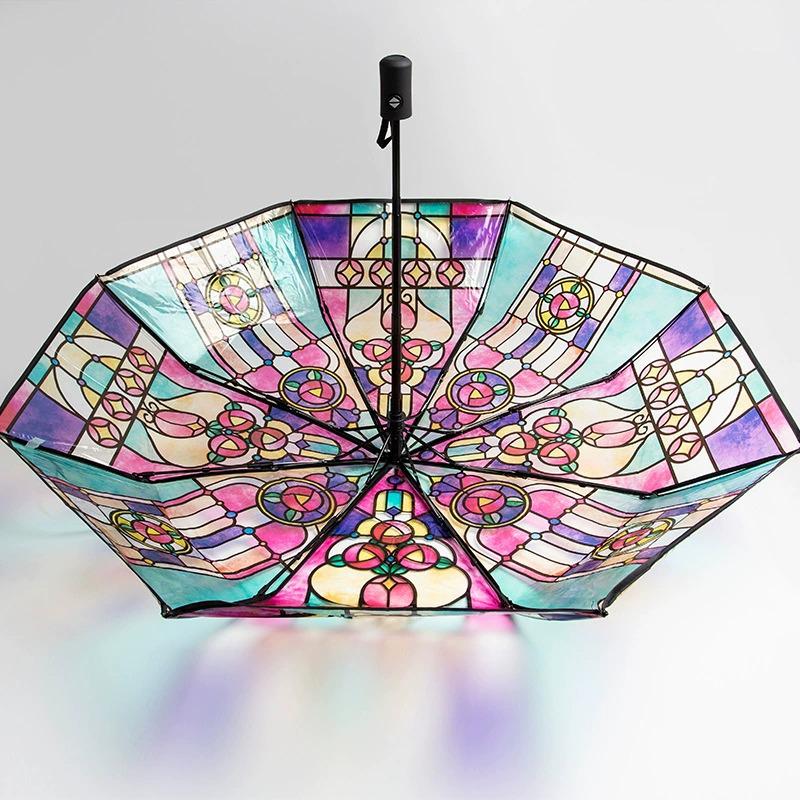Colorful Transparent Automatic Folding Umbrella with Eight Ribs - High-End Feel and Portable Design