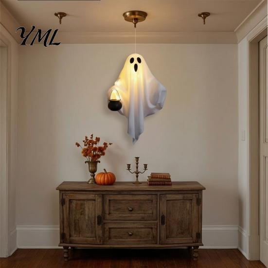Lightweight Festival Party Supplies Halloween Hanging Ghost with LED Lights, Spooky White Gauze Glowing Ornament, Creepy Cauldron Decor Flexible