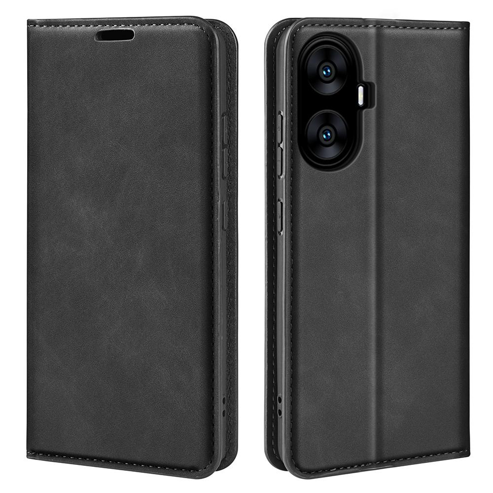 

For Realme C55 Anti-scratch Skin-touch Leather Phone Wallet Case Folio Flip Stand Phone Cover Black
