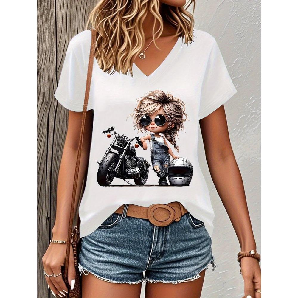 Mode Motorrad Vintage T-Shirt V-Ausschnitt Lässig Y2k T-Shirts Damen Kurzarm T-Shirt V-Ausschnitt Sommer Frühling Oberteil Tee