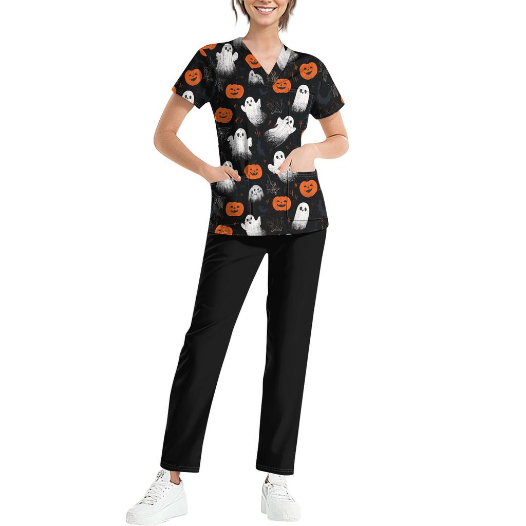 Women's Uniform Set with Halloween Print, Short Sleeve Top and Pants with Pockets, 2-Piece