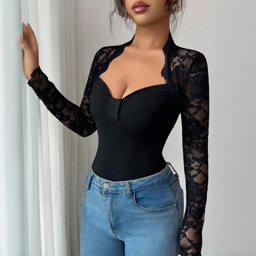 New Fashionable Lace-Trimmed Knit Long-Sleeved Slim Fit T-Shirt Top