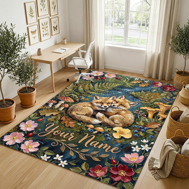 Autumnal Foxes Theme Soft Crystal Velvet Rug Custom Name & Text Print Non Slip Floor Rug for Bedroom Living Room