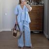 Women Spring Summer Holiday Pant Set Suits Cotton Solid Outfits V-neck 2 Two Piece Matching Set for Women