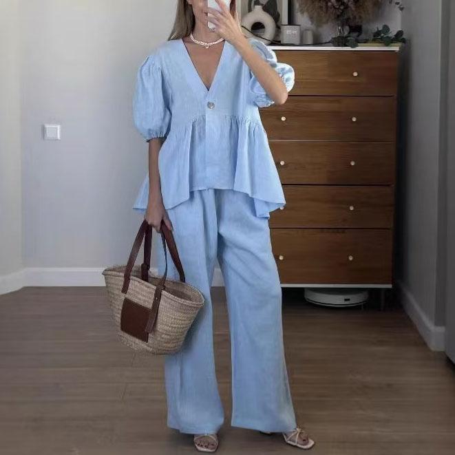 Women Spring Summer Holiday Pant Set Suits Cotton Solid Outfits V-neck 2 Two Piece Matching Set for Women
