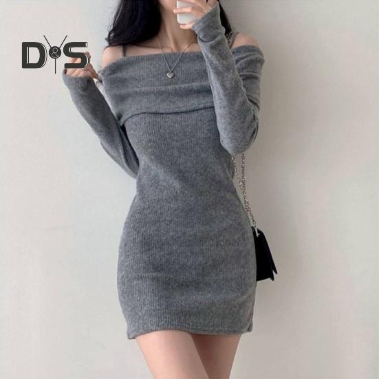 Women Knitting Tops Off Shoulder Long Sleeve Solid Color Slim Fit Pullover Tops Sexy Ribbed Long Blouse