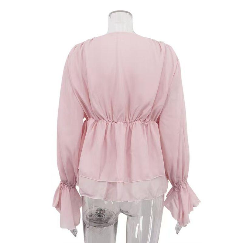 Fashion Wind New Arrival Fashion V-neck Lace-up Long Sleeve Shirt Top V-Neck Long Sleeved Shirt
