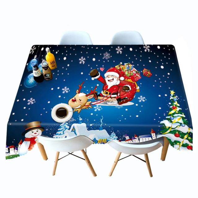 Thicken Cotton Tablecloth Blue Background Santa Claus Snow Pattern Rectangular Round Table Cloth For Wedding Picnic Party