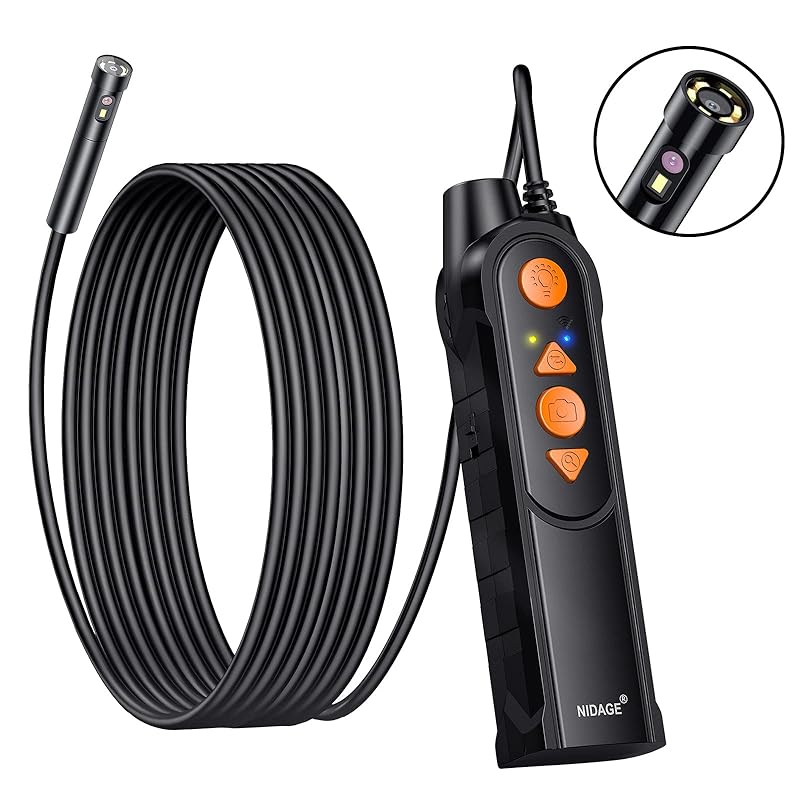 0.197inch Dual Lens Wireless Endoscope Camera, NIDAGE 5.0mm Ultra-Slim Automotive Inspection Camera with 7 LEDs, 1080P Dual Lens Borescope Waterproof 11.5FT