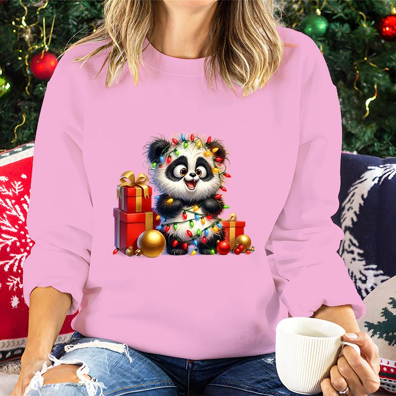 Merry Christmas Cartoon Panda Lights Design Women Sweatshirt Graphic Christmas Kawaii Cartoon Panda Gifts Holiday Sweatshirts