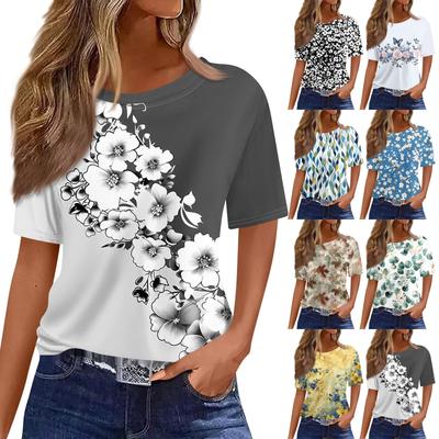 Women's Fashionable Casual Short Sleeve Print Round Neck Pullover Top