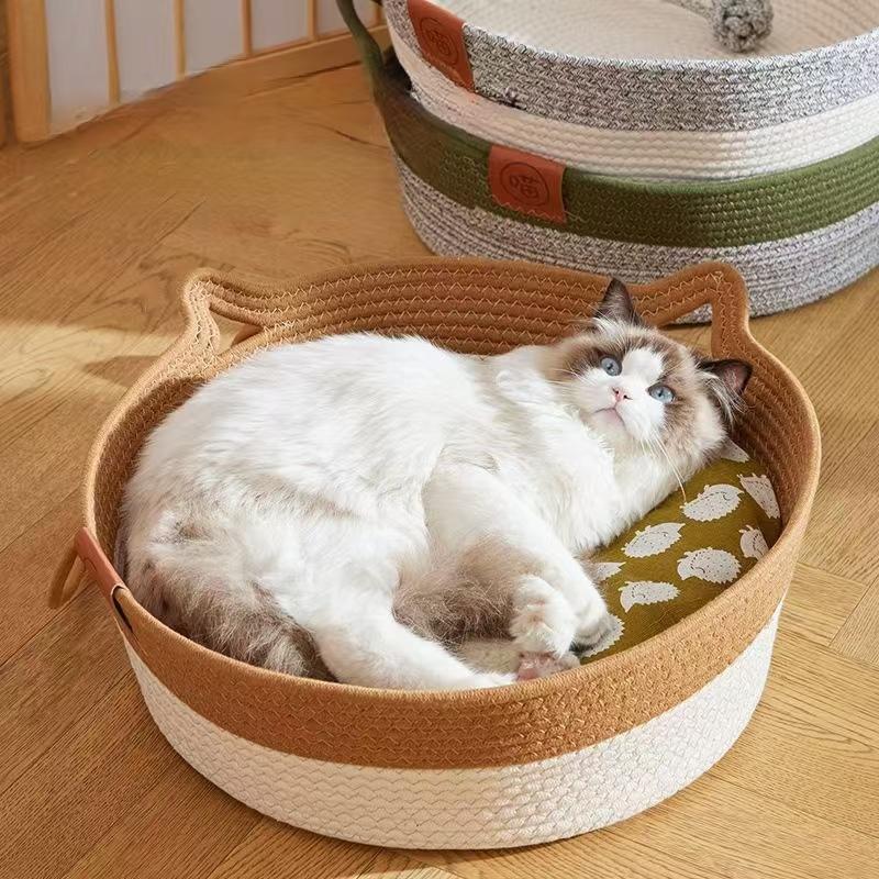 Japon Pet Kedi Yatağı Yuvarlak El Dokuma Rattan Kedi Yatakları Yaz Soğutma Yavru Sepeti Pamuk Halat Kedi Tırmalama Sepetleri