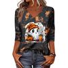 Women's Casual V-Neck Three-Quarter Sleeve Top with Halloween Print