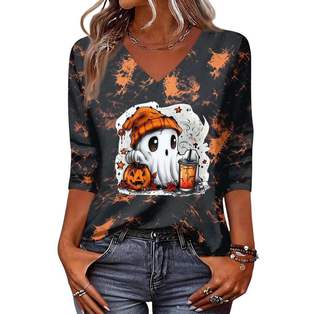 Women's Casual V-Neck Three-Quarter Sleeve Top with Halloween Print