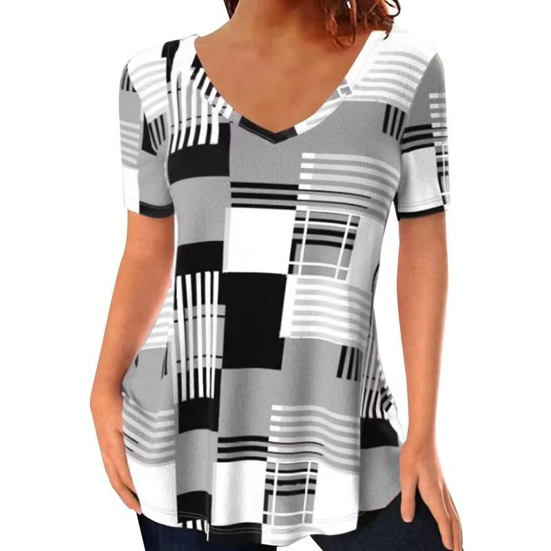 

Летняя женская футболка с 3D-шотландкой, элегантным принтом, V-образным вырезом, коротким рукавом, модная женская футболка, женская футболка 2000 года 8XL