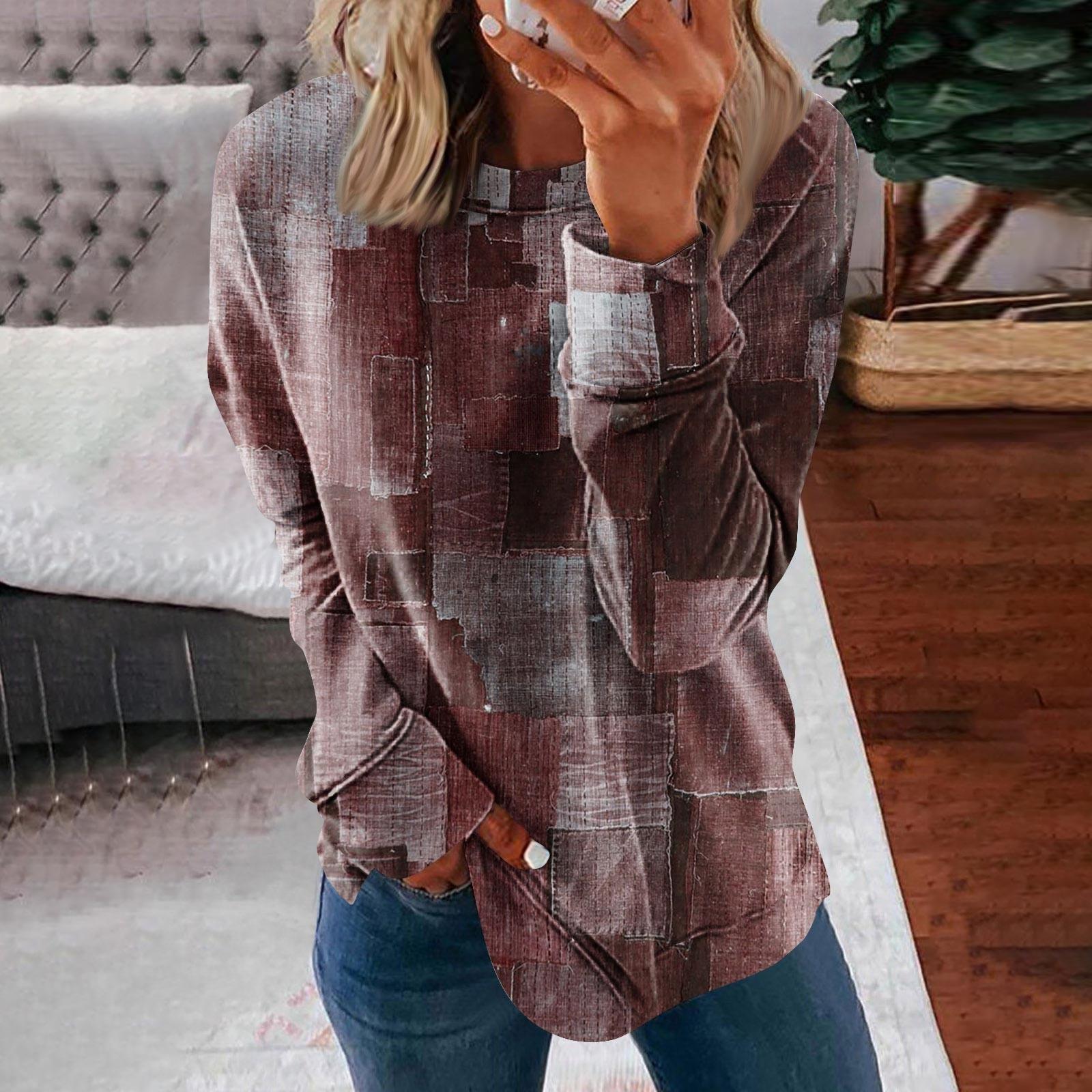 

Женские топы с круглым вырезом, хлопковая женская повседневная модная блузка с длинным рукавом и круглым вырезом с цветочным принтом, пуловер M кофейный