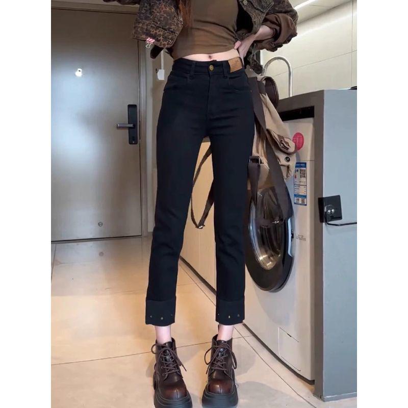 Plus Size Women's High Waist Black Stretch Jeans - Slimming Cigarette Pants for Spring/Autumn 2025.