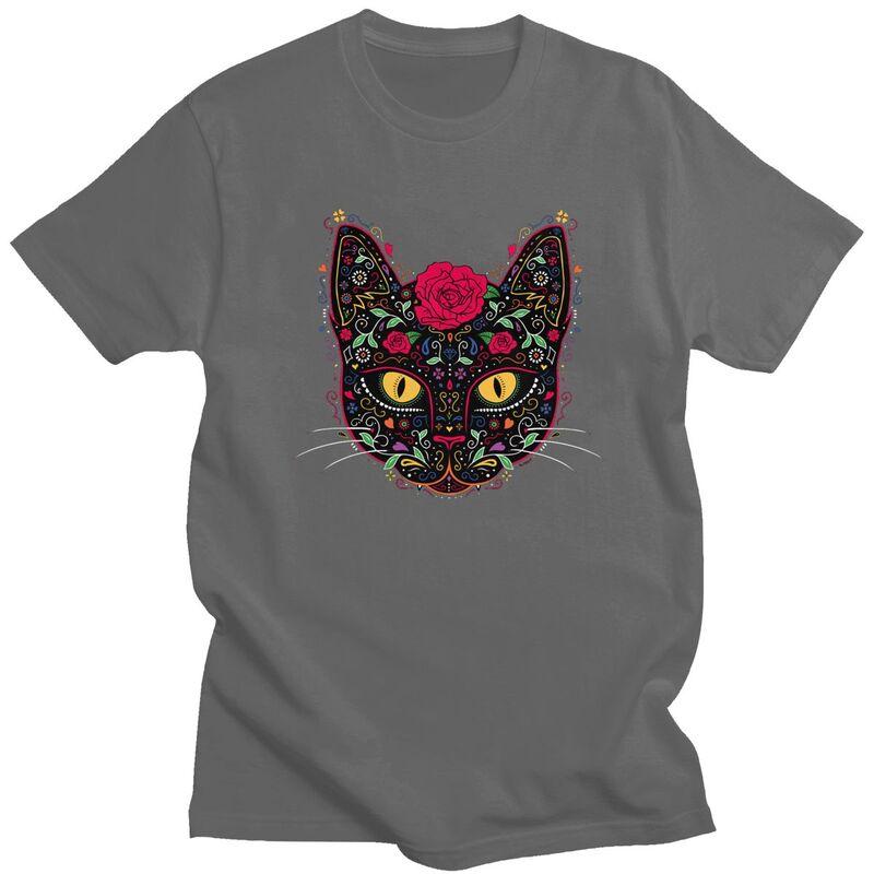 Custom Cool Day Of The Dead Kitten Cat Sugar Skull T Shirt Men Short Sleeve Pure Cotton Tshirt Tees Streetwear Tshirt