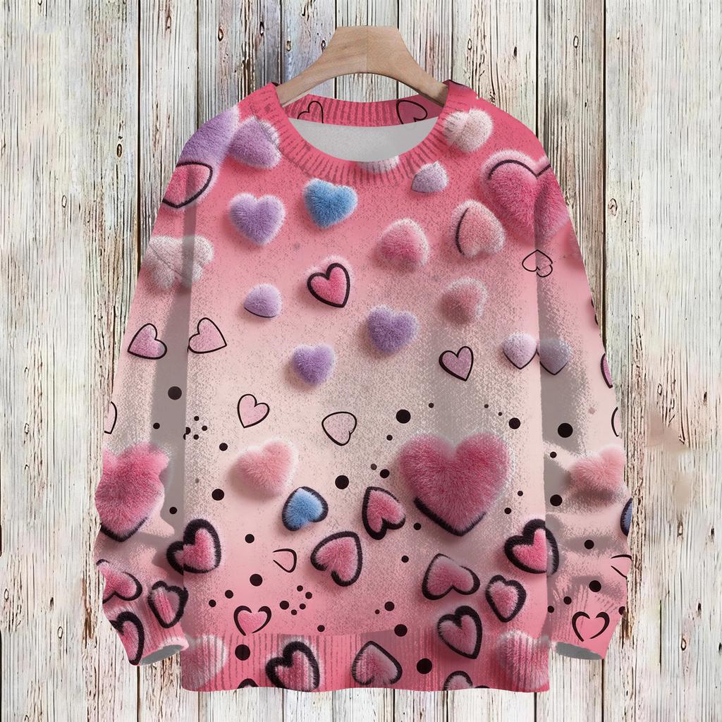 Women's Fashion Casual Long,Sleeve Valentine's Day Round,Neck Knit Pullover Top