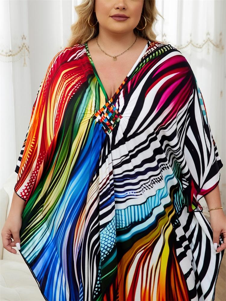 EDOLYNSA Sexy Plus Size Wine Red Kaftan Women's V-neck Batwing Sleeve Beach Dress 2024 Summer Vacation Beachwear Bathing Suit Cover Up