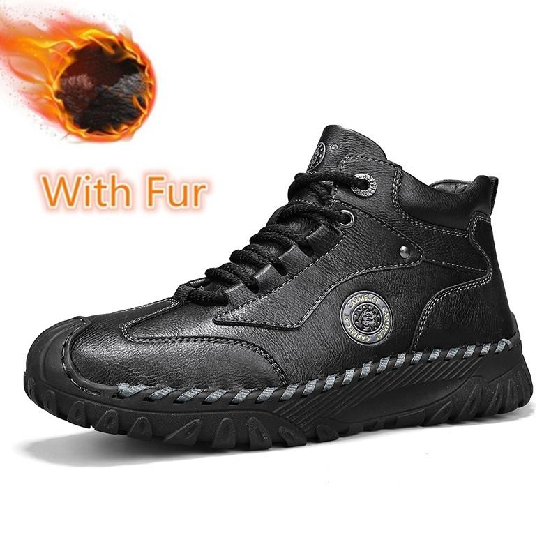 Fashion 2024 New Men's Leather High Top Shoes Classic Motorcycle Boots Leisure Walk Travel Mid-Calf Ankle Boots Warm Plush Fur Shoes