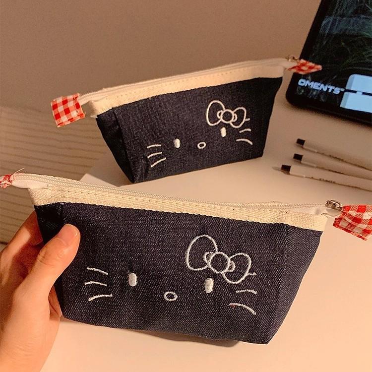 Cute Denim Kitty Pencil Case - Large Capacity for Middle School Girls