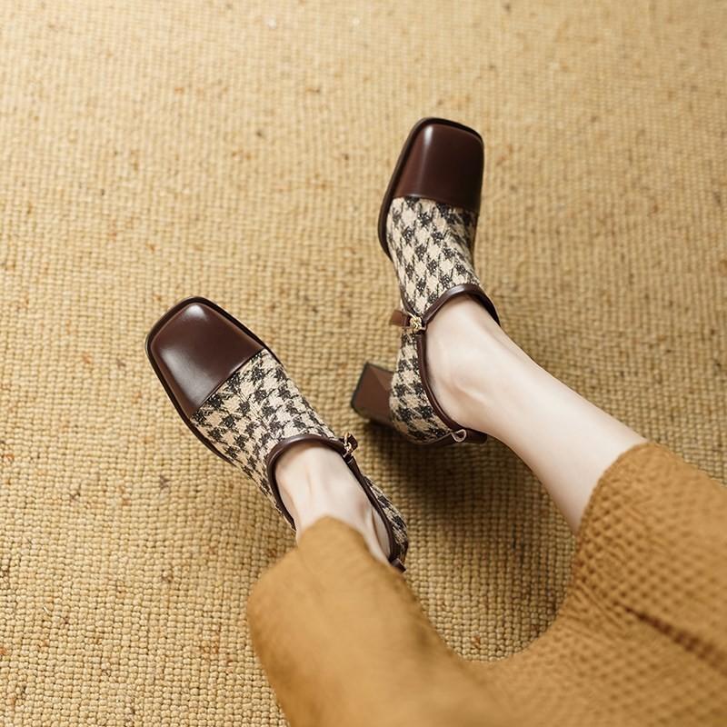 2025 New Women Retro Houndstooth Mary Janes Pumps Patent Buckle Strap Block Thick Heeled Shoes Ladies Dress Spring