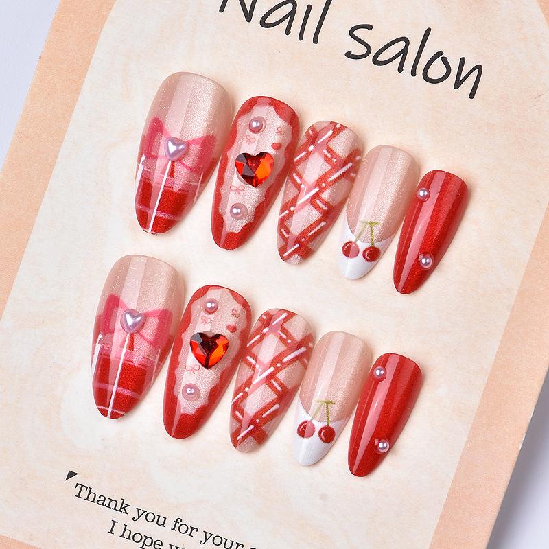 24-Piece Valentine s Cherry Bow Rhinestone Almond Cat Eye Manicure Set