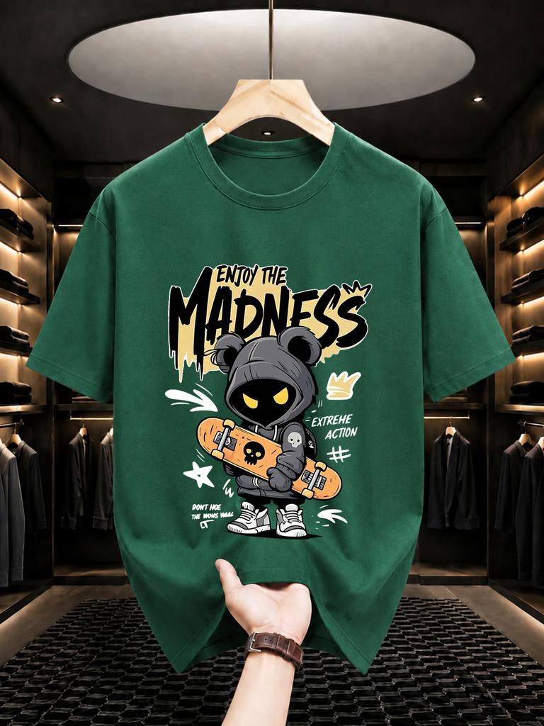 Unisexs Solid Color Pure Cotton Tshirt With Bear Print Casual Crew Neck Short Sleeve Hiphop Street Style Top