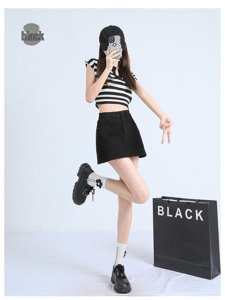 Women's High-Waist Stretch Retro Denim A-line Mini Skirt - Anti-Exposure, Hip-Hugging, Perfect for Spring/Summer Fashion
