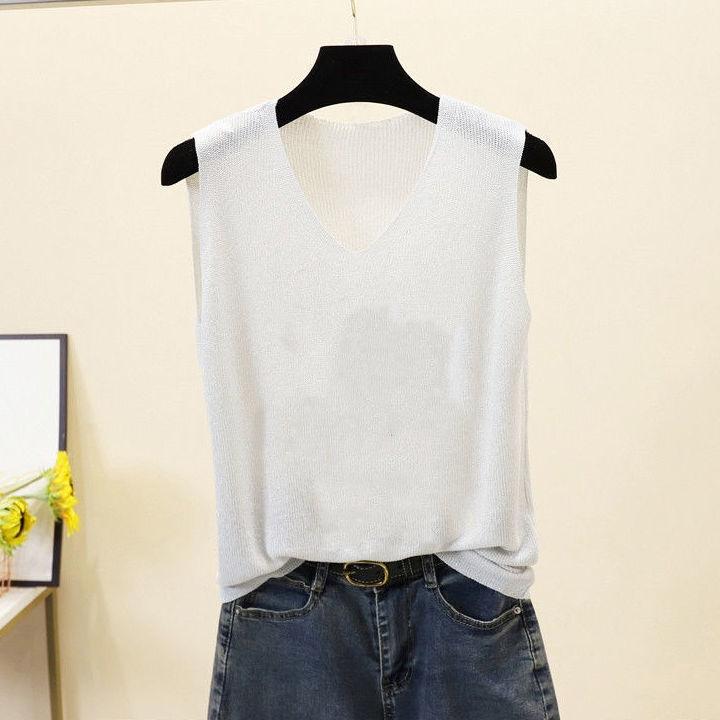 Loose Interior Plus Plus Sleeveless Ice Silk Knit Top with Rhinestones V-neck Camisole Women's Summer