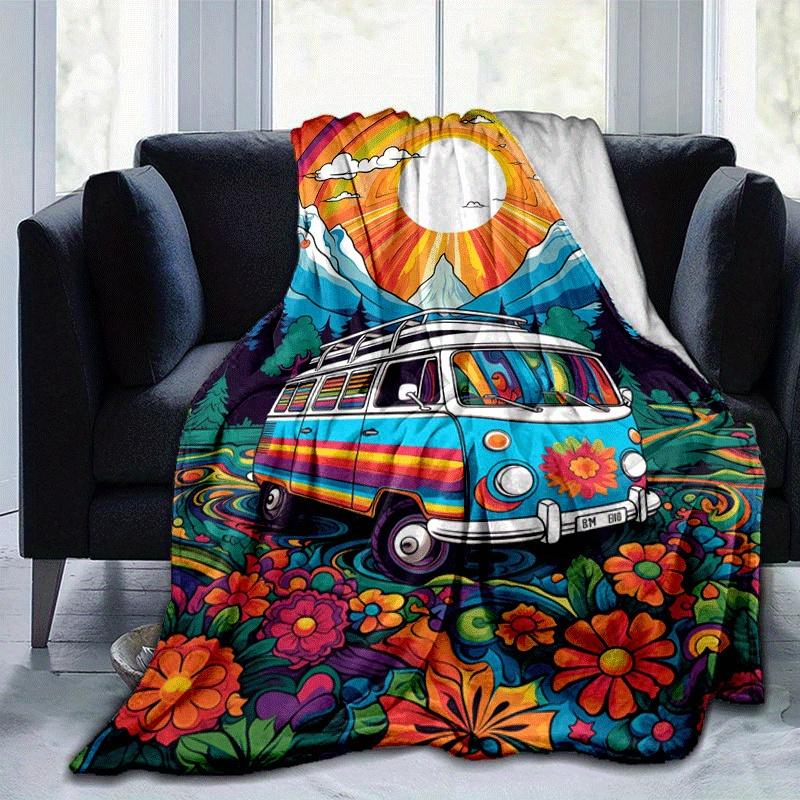 

1pc Van and Sunset Printing Lightweight Flannel Blanket, Comfortable and Warm Blanket, for Camping Sofa Bed and Couch Office, Gift 100x150cm