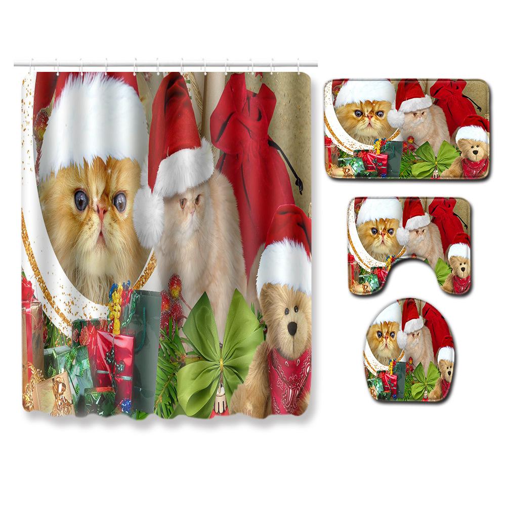 Christmas Shower Curtain Floor Mat Combination Four-Piece Set Bathroom Toilet Carpet Shower Room Mat Foot Mat