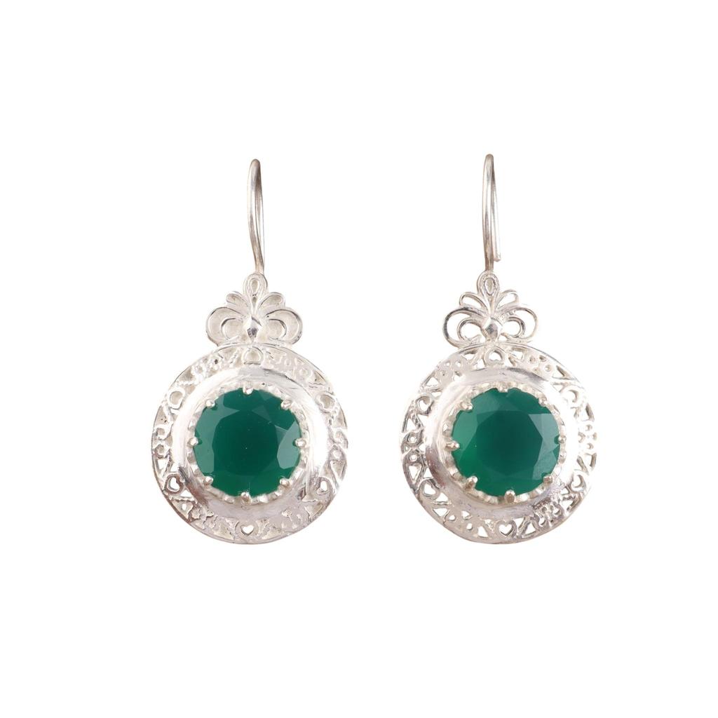 Green Onyx Gemstone Silver Earring 1.5" , 925 Sterling Silver Jewelry, May Birthmonth Jewelry, Unique Onyx Earring For Wedding CE-25-20