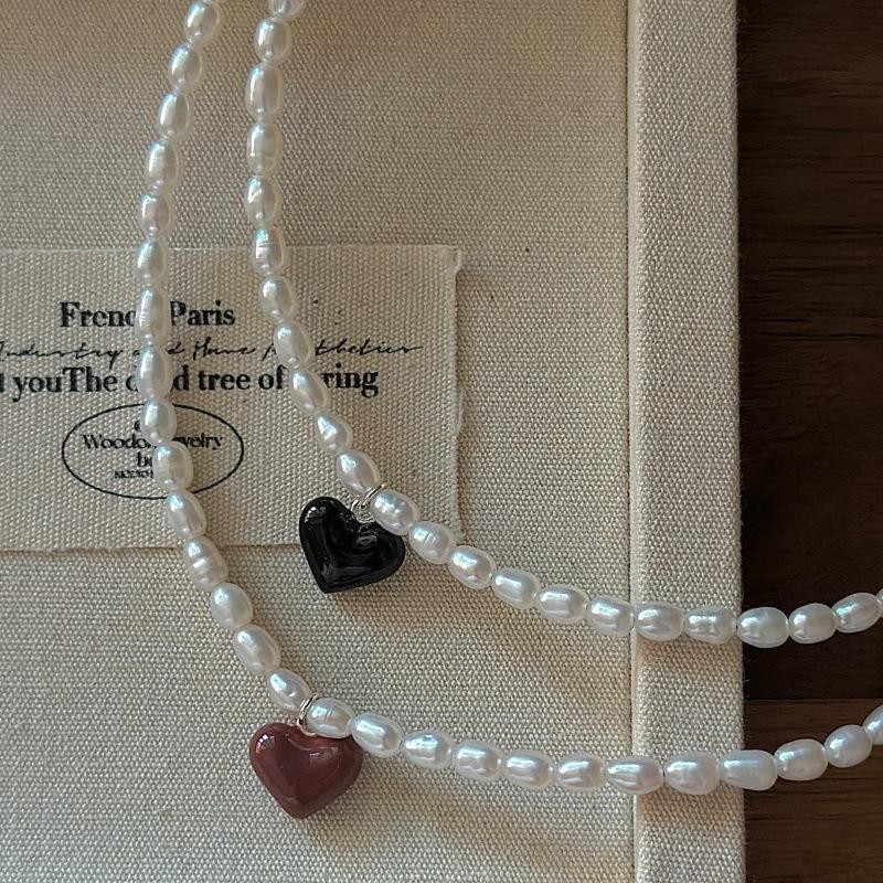 S925 Sterling Silver Niche Design Sense Retro Love Pearl Necklace Korean Style Simple Collarbone Chain