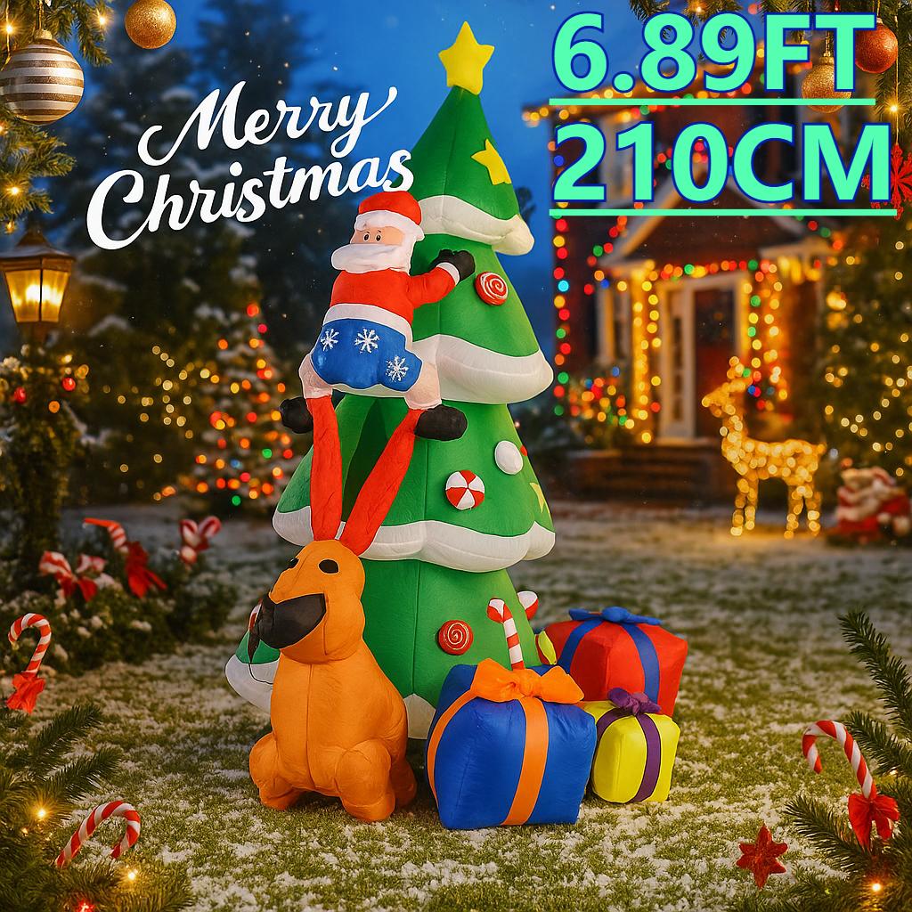 6.89FT Yard Party Decorations Inflatable Santa Claus Christmas Tree Dog Gift Boxes Toys LED Light Xmas Supplies Home Ornaments