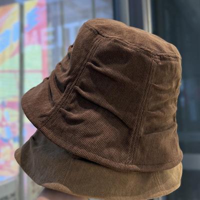Korean Retro Corduroy Pleated Bucket Hat for Women - 2026 Spring/Summer, Slimming Sun Protection