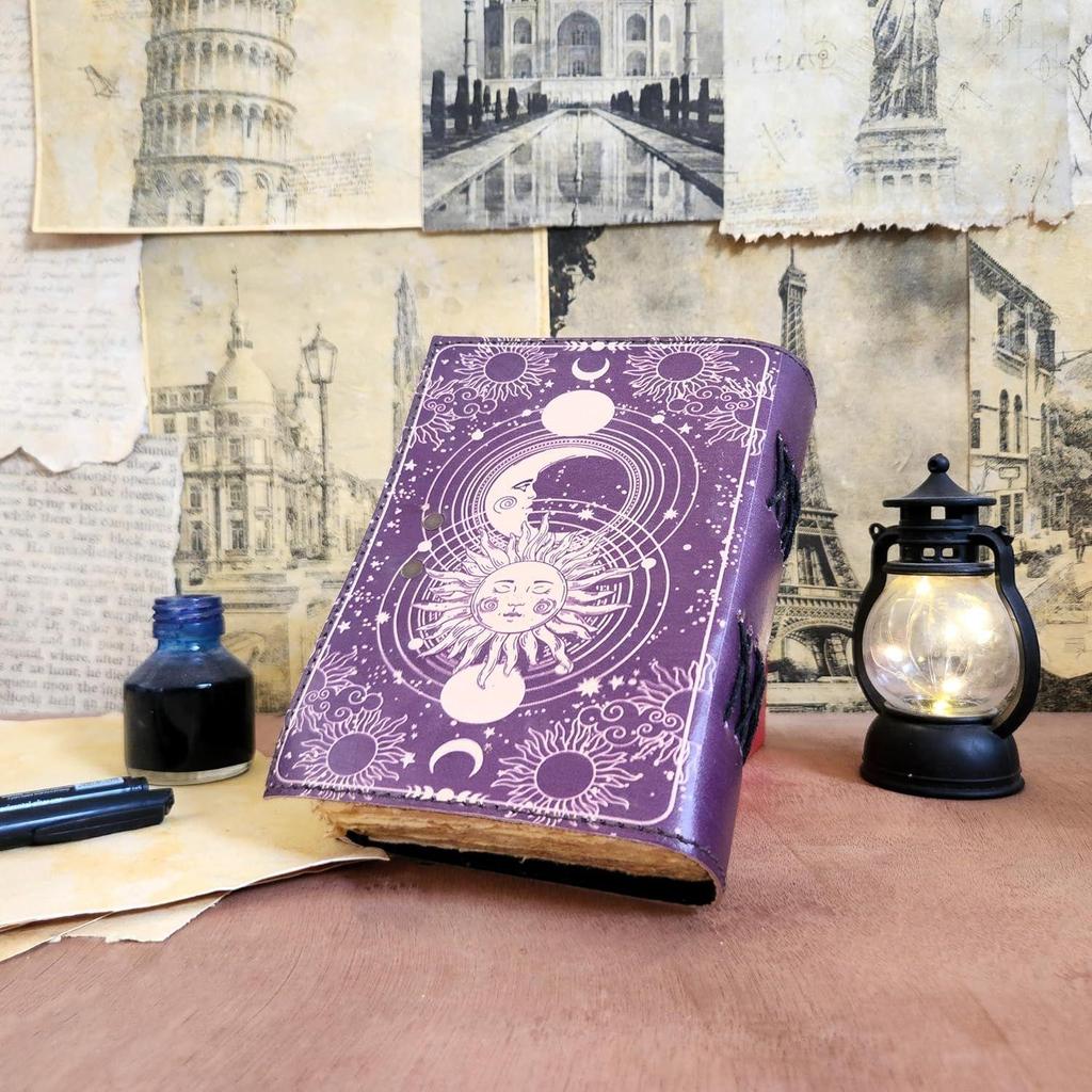 Vintage Sun Moon Leather Journal  Handmade  200 Deckle Edge Pages  C-Lock