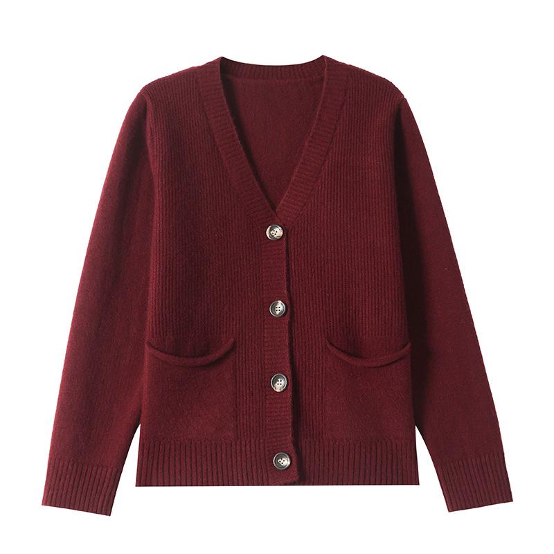 2025 Herbst Damen Eleganter V-Ausschnitt Einreihiger Strick-Cardigan Pullover Mantel mit Taschen.