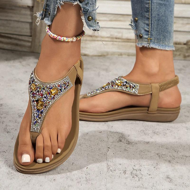 Fashion Fashion Rhinestone Bohemian Sandals Women 2025 Summer Clip Toe Flats Beach Sandles Woman Non Slip Elastic Band Sandalias Mujer