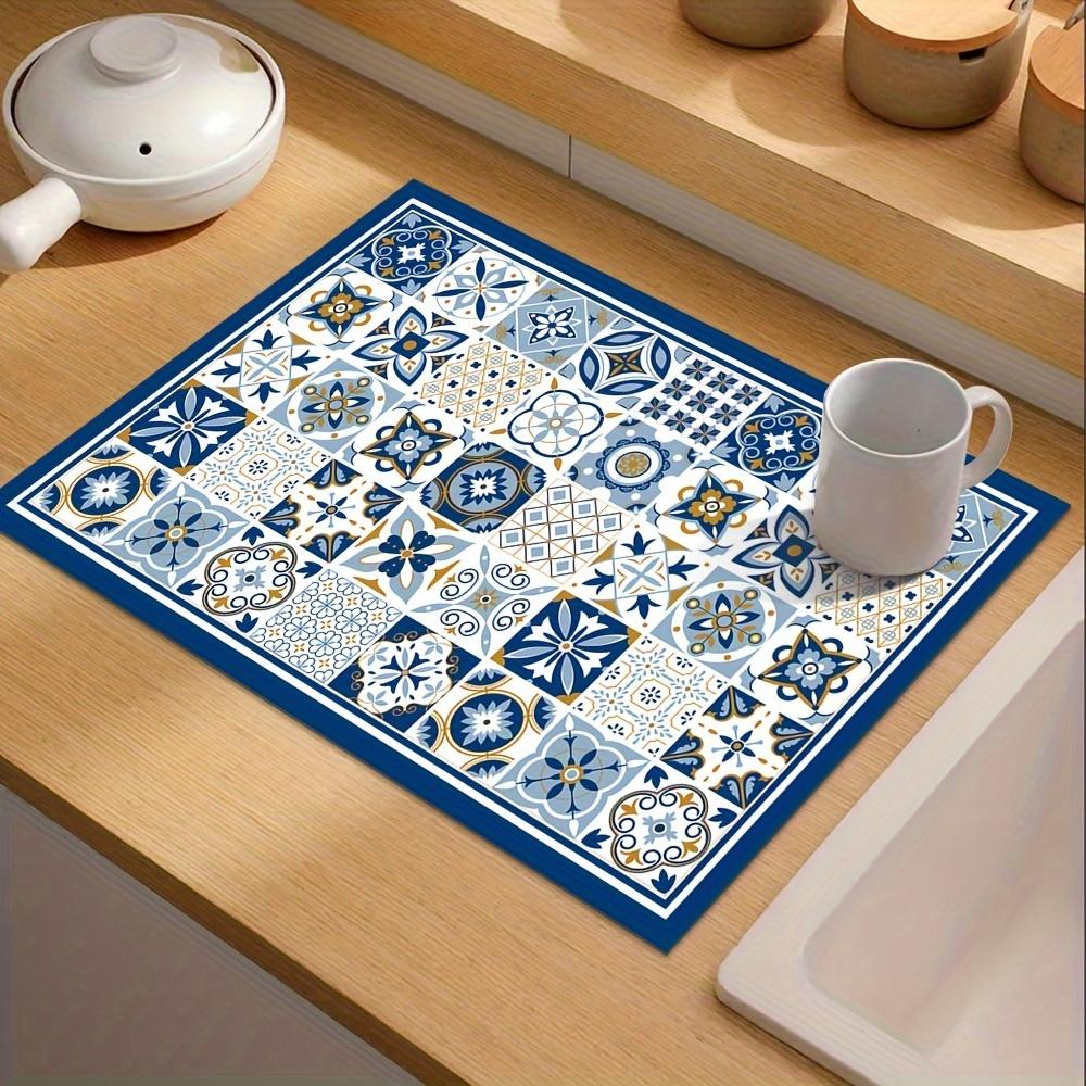 1Pcs Rubber Drying Mat With Retro Blue Simple Print For Coffee Shop Kitchen Carpet Tableware Durable Diatom Mud Table Mat Pet Mat Coffeeware