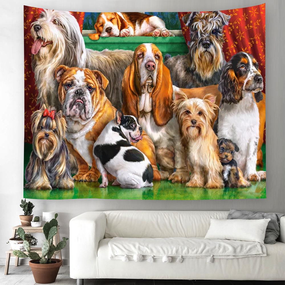 Cartoon Dog Tapestry Kawaii Puppy Wall Hanging Cloth Cute Pet Animal Home Bedroom Living Room Decorative Wall Rug Tapestry