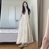 A-line Floral Skinny Strap Dress Apricot Beach Vacation Sundress Sleeveless Long Dress  Streetwear