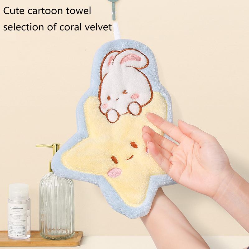 Cute Rabbit Pattern Hand Towel Soft Hanging Towels Absorbent Coral Fleece Towel Kitchen Bathroom Double-Thickness Hand Towel